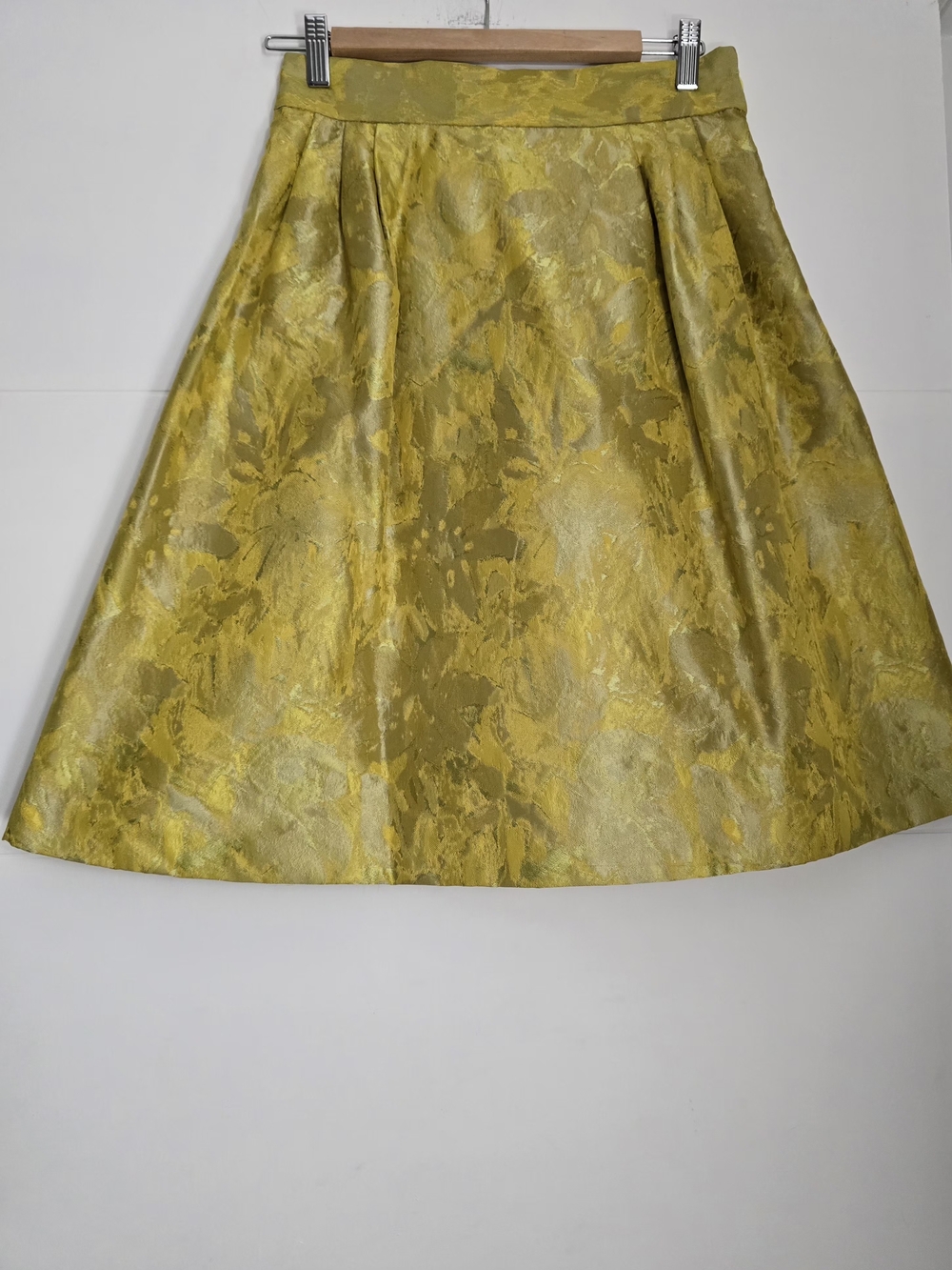 Flores & Flores Yellow Silk Brocade Floral A-Line Skirt Pleated Lined Size 8